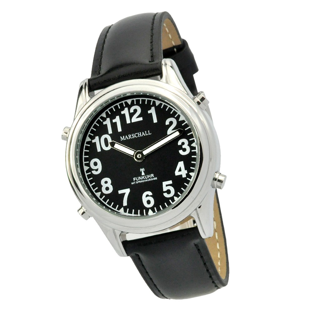 Sprechende Damen-Armbanduhr, goldfarben, schwarzes  Lederband |  - sprechende Armbanduhr, Blindenuhr,  Sprachausgabe
