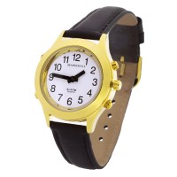 Sprechende Damen-Armbanduhr, goldfarben, schwarzes Lederband