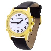 Sprechende Herren-Armbanduhr, goldfarben schwarzes Lederband