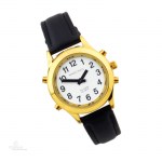 Sprechende Damen-Armbanduhr, goldfarben, schwarzes Lederband