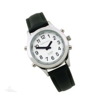 Sprechende Damen-Armbanduhr, silberfarben schwarzes Lederband