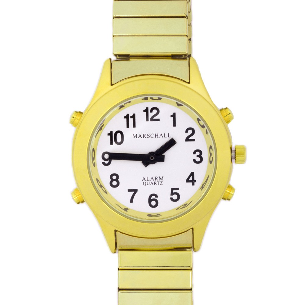  Sprechende Herren-Armbanduhr, goldfarben mit  Metallzugband  - sprechende Armbanduhr, Blindenuhr,  Sprachausgabe, sprechende Funkarmbanduhren,Uhren für Sehbehinderte