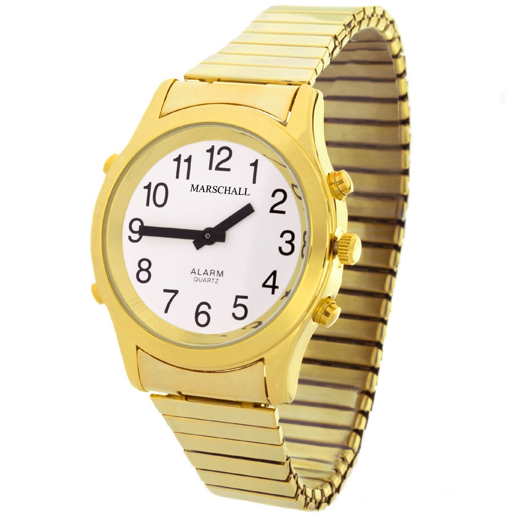  Sprechende Herren-Armbanduhr, goldfarben mit  Metallzugband  - sprechende Armbanduhr, Blindenuhr,  Sprachausgabe, sprechende Funkarmbanduhren,Uhren für Sehbehinderte